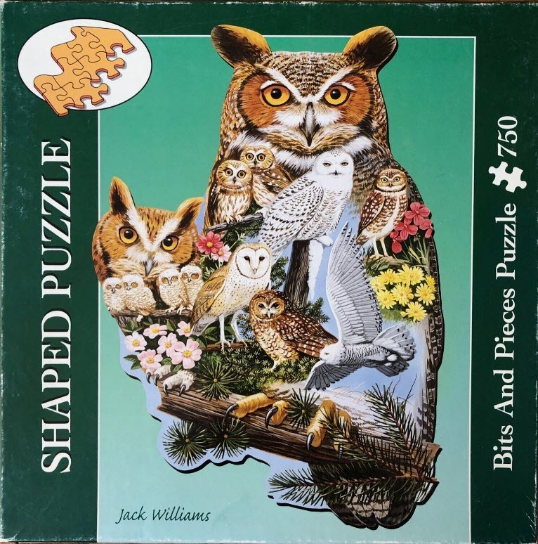 A montage illustration of various owl species featuring a large Great Horned Owl containing smaller owls within its shape.