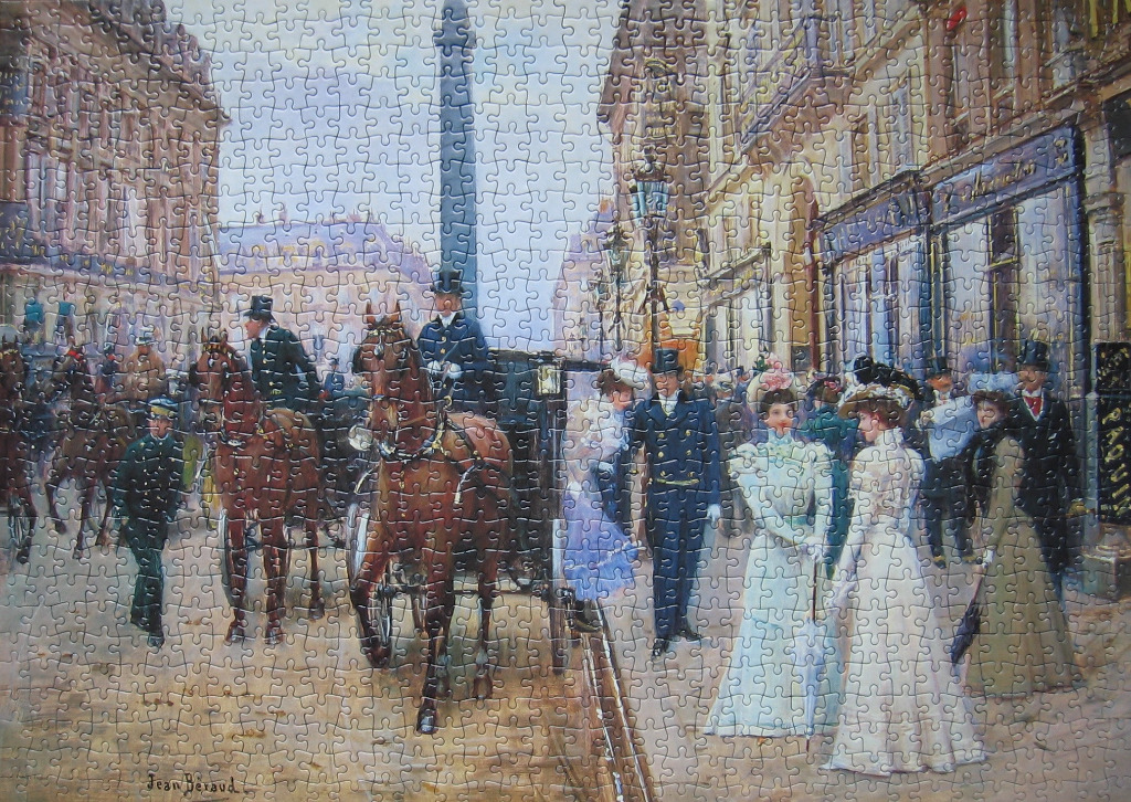 A 19th-century street scene in Paris showing horse-drawn carriages and elegantly dressed pedestrians.