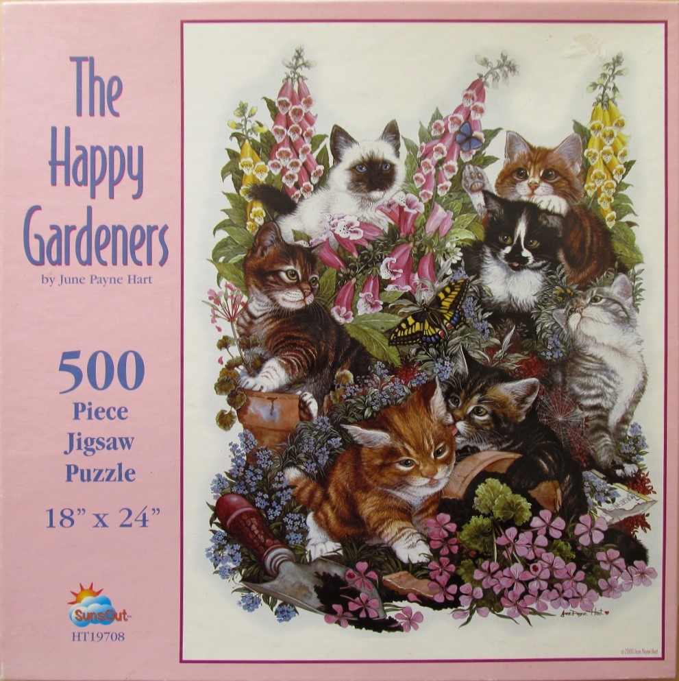 A whimsical illustration of seven kittens playing in a lush garden filled with foxgloves and flowers.