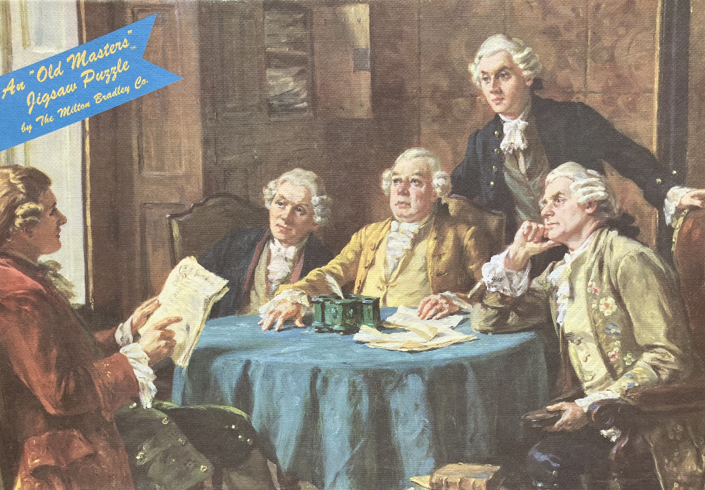 Oil painting depicting five 18th-century men gathered around a round table in a wood-paneled room.
