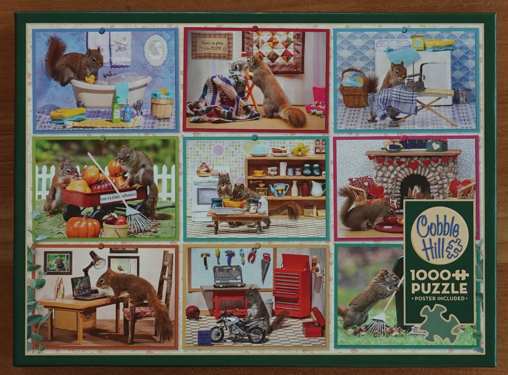 A collage of nine photographs showing red squirrels engaged in human-like domestic activities in miniature settings.