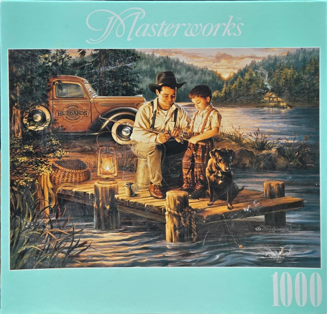 A man and a young boy fishing on a wooden pier at sunset with an old truck nearby and a black dog.