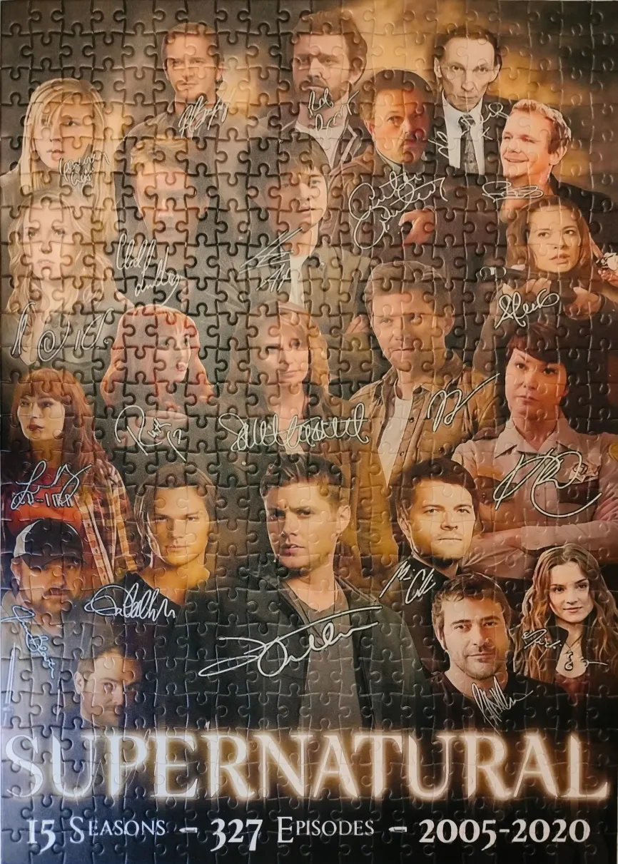 A tribute montage of the Supernatural cast with signatures and show statistics.