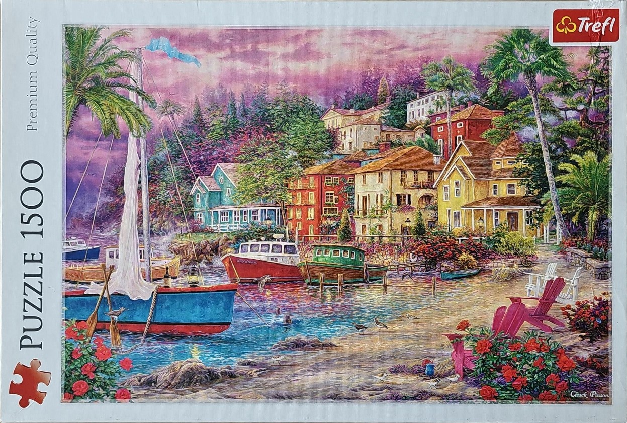 A romanticized coastal town with a boat-filled harbor at sunset, rendered in a painterly, vibrant style.