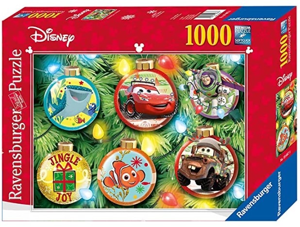 Five Disney-themed Christmas ornaments featuring characters from Cars, Finding Nemo, and Toy Story against a fir tree.