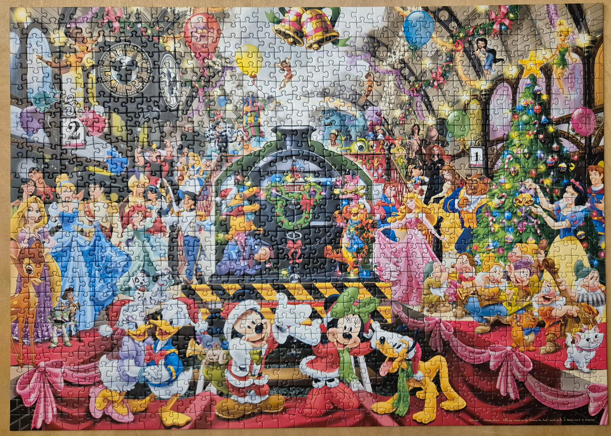 An illustration of various animated characters celebrating Christmas in a train station