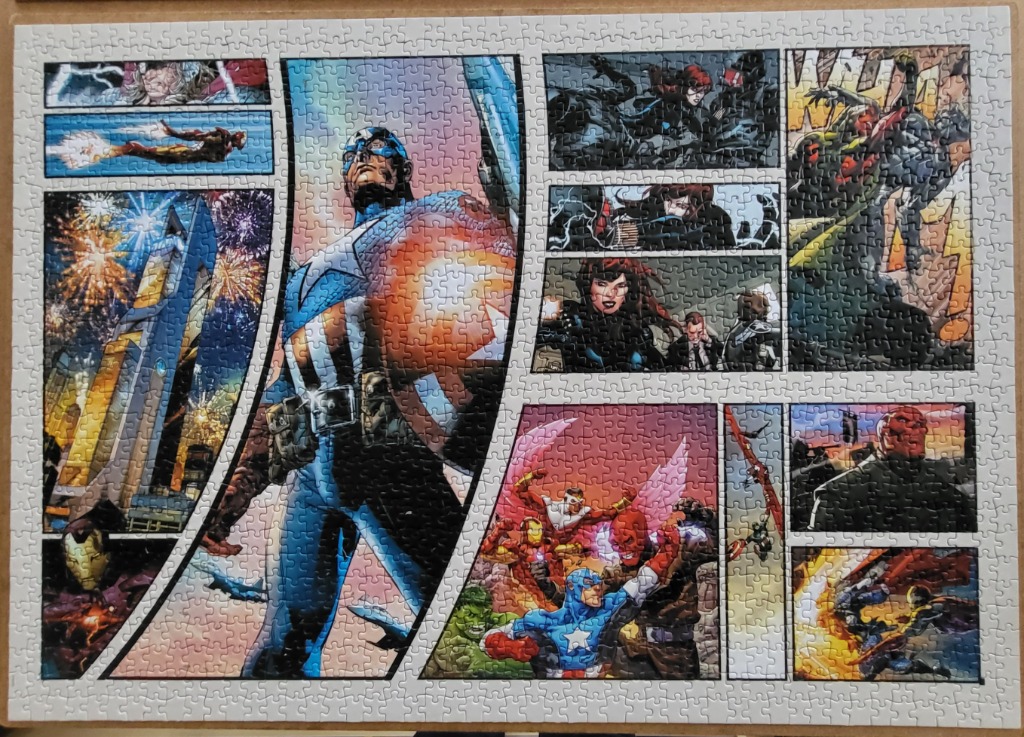Comic book page collage featuring Captain America and other superheroes in battle.
