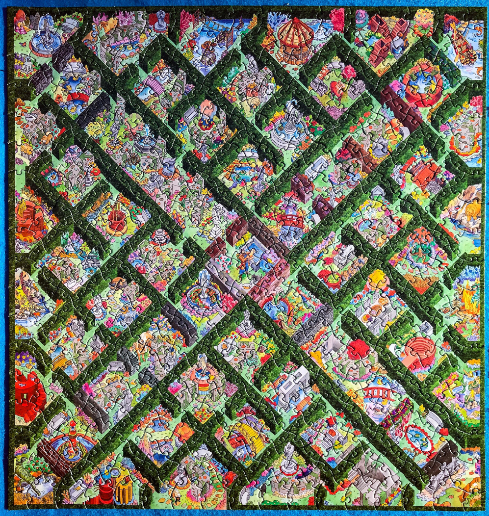 A top-down view of a complex hedge maze containing various whimsical illustrations in each section.