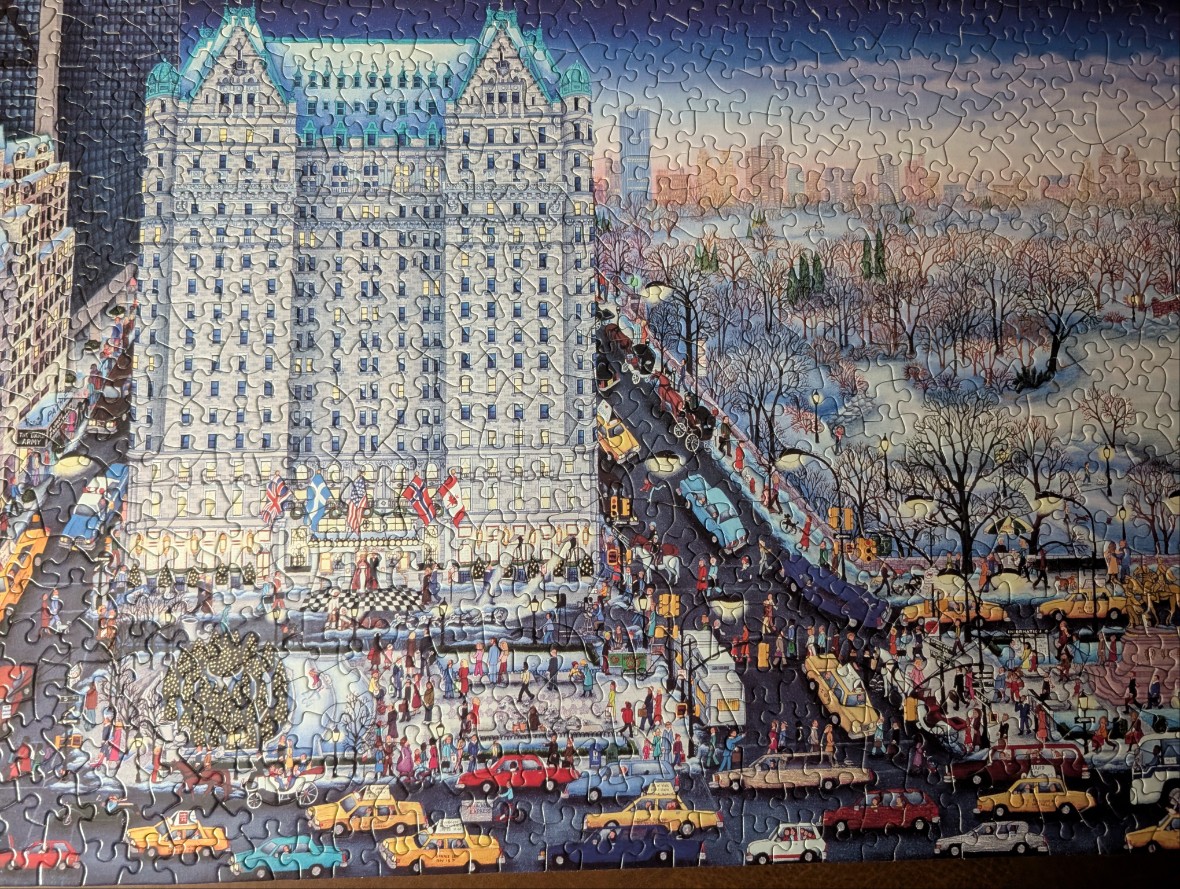 An illustration of The Plaza Hotel in New York City during winter, overlooking Central Park with busy street traffic.