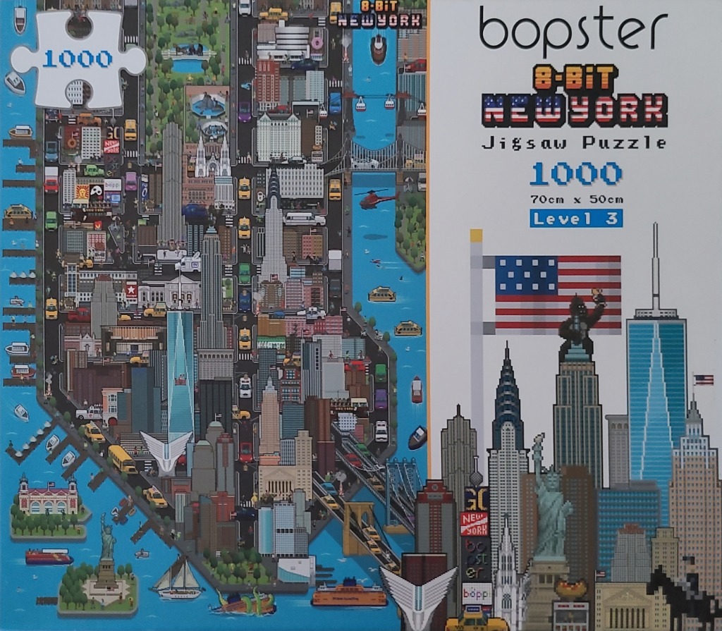 An 8-bit pixel art style illustration of the Manhattan skyline, including famous landmarks and the surrounding river.