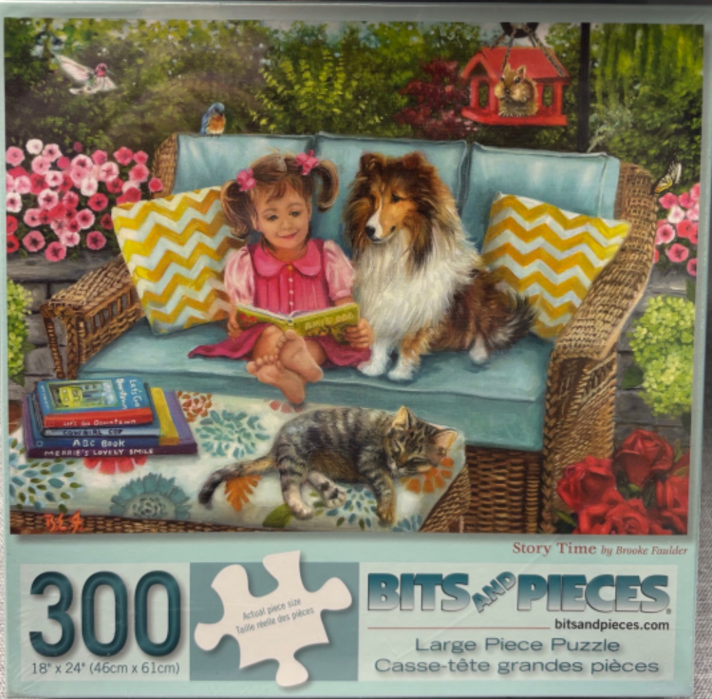 A young girl reading a book on an outdoor wicker sofa next to a Shetland sheepdog, with a cat napping on a footstool.