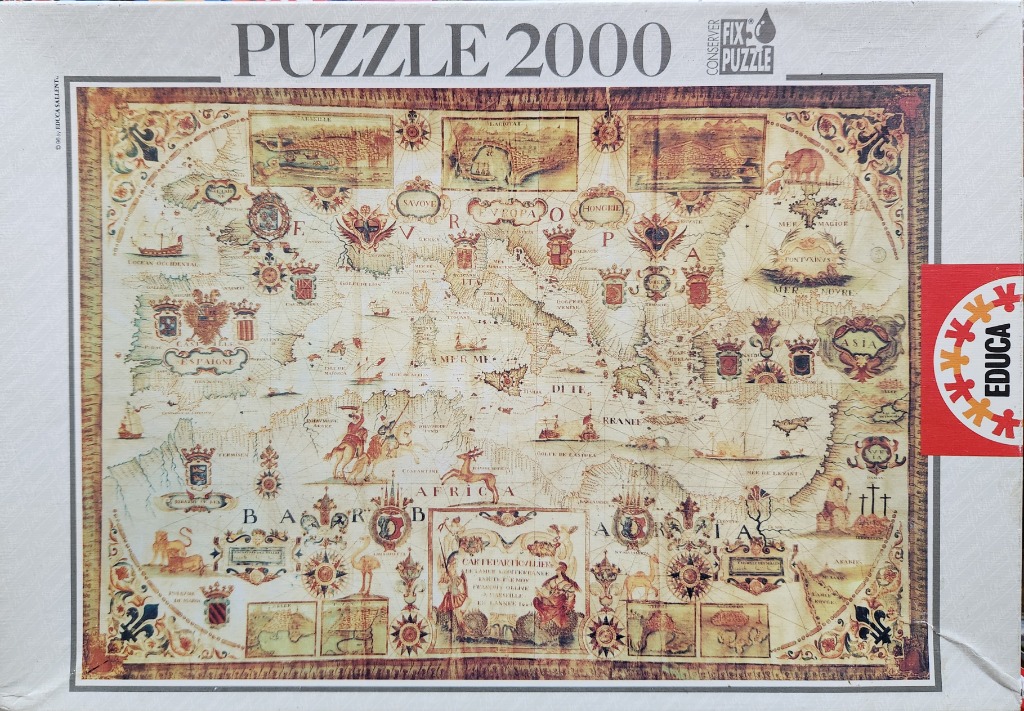 A vintage-style decorative map of the Mediterranean region featuring heraldic crests and cartographic illustrations.