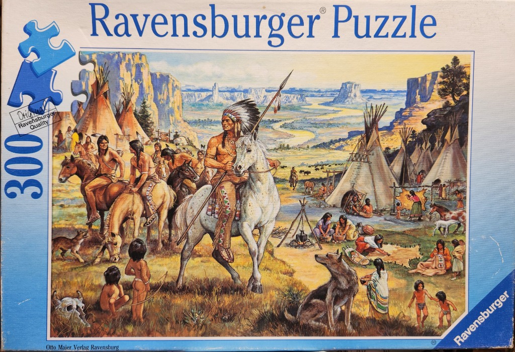 A painterly scene of a Native American village set in a desert canyon landscape with riders and people at daily chores.