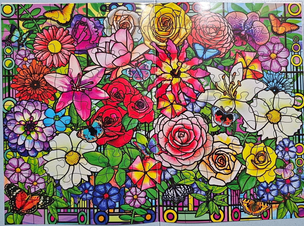 Stained glass style illustration of assorted flowers and butterflies