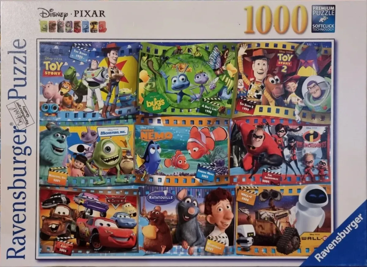 Collage of 8 Disney Pixar movie scenes set within a film strip border design.