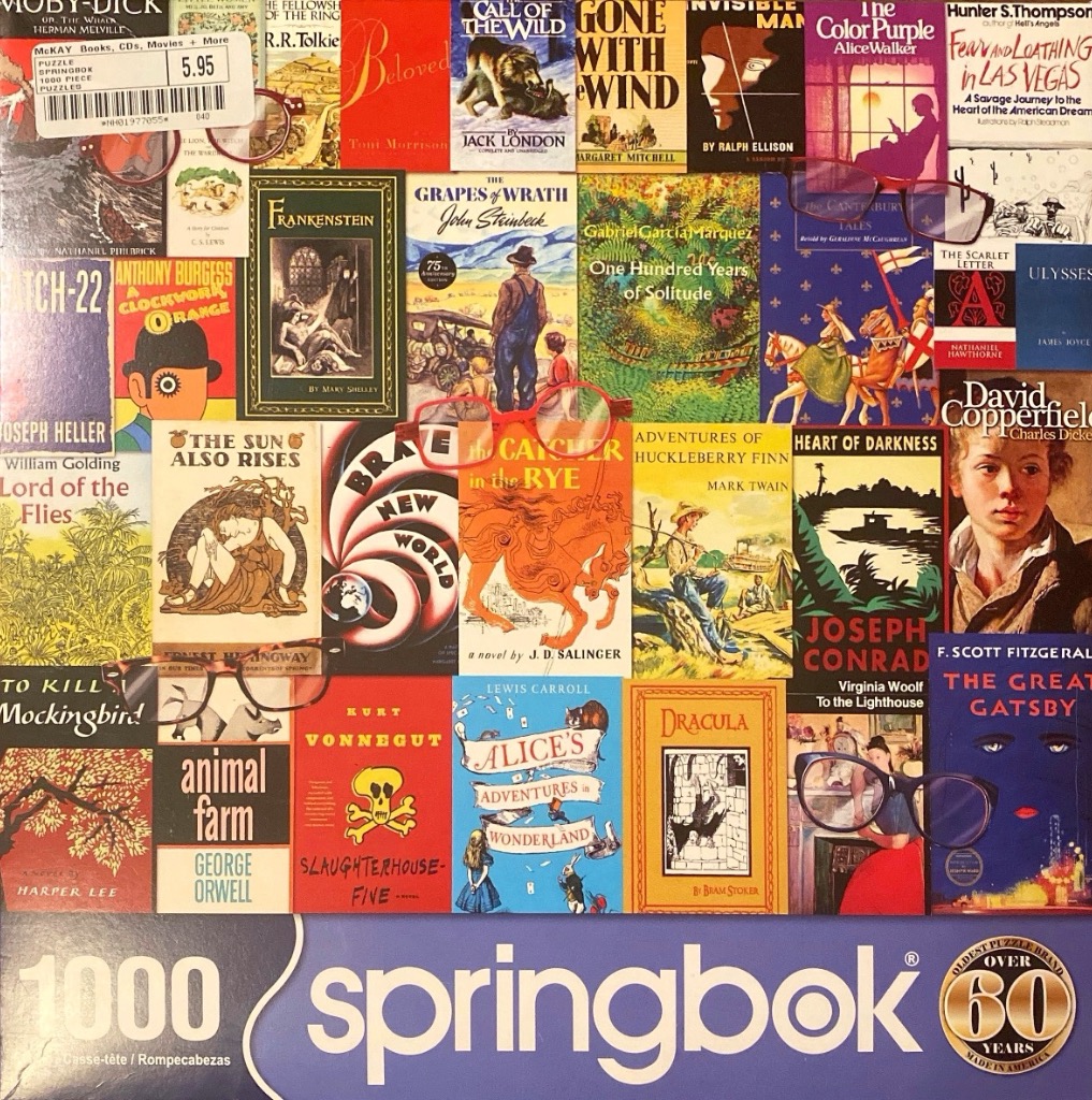 A collage of classic book covers arranged in a grid, overlaid with several pairs of reading glasses.