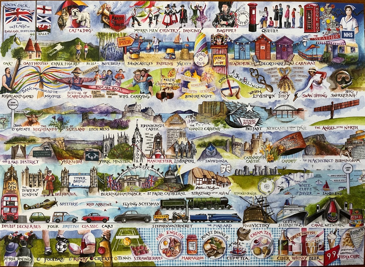 A whimsical collage of British cultural icons, landmarks, and traditions arranged in a decorative illustrative map.