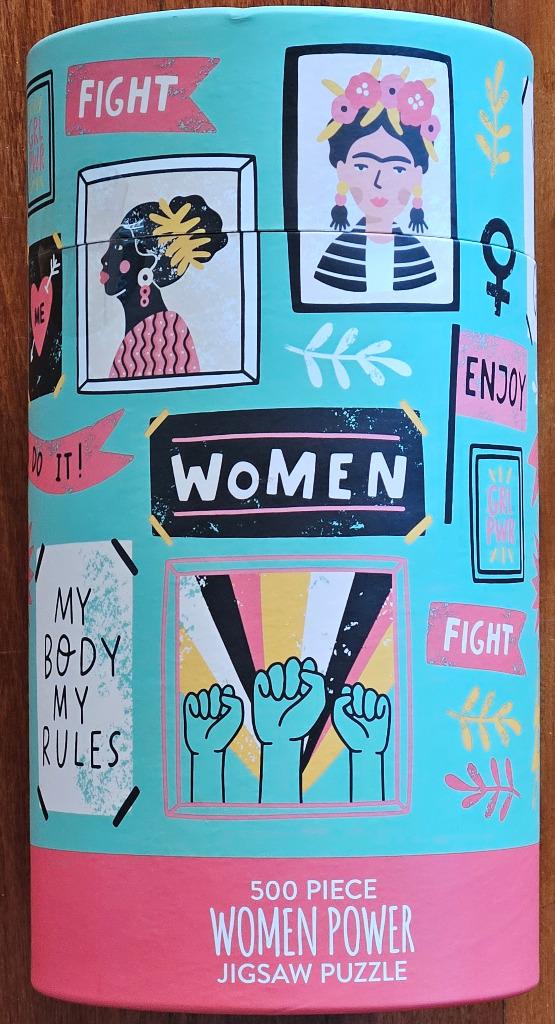 Feminist-themed illustration with portraits and empowering slogans on a turquoise background.