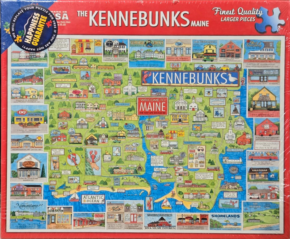 An illustrated pictorial map of the Kennebunks, Maine, filled with small drawings of local buildings and landmarks.