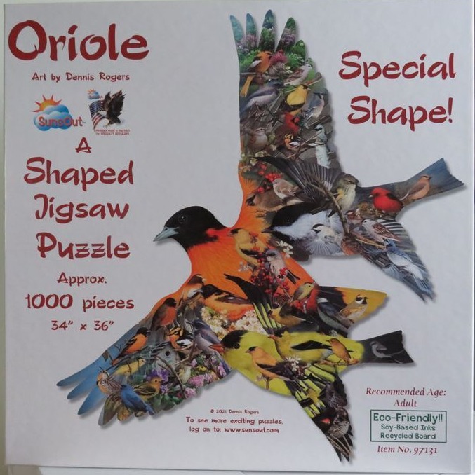 A collection of many different songbirds arranged to form the silhouette of a flying oriole.