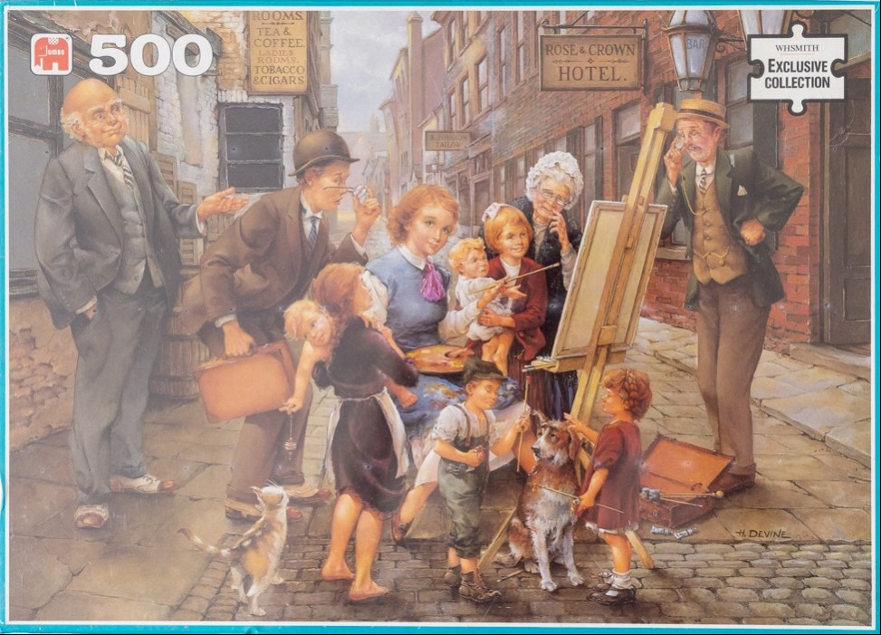 A Victorian street scene featuring an artist painting a portrait of a group of people and children.