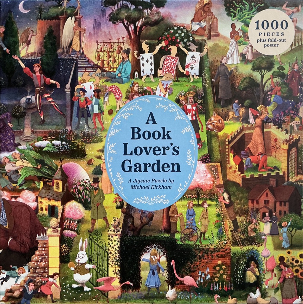 An intricate, whimsical illustration featuring characters from various classic children's books in a bustling garden.