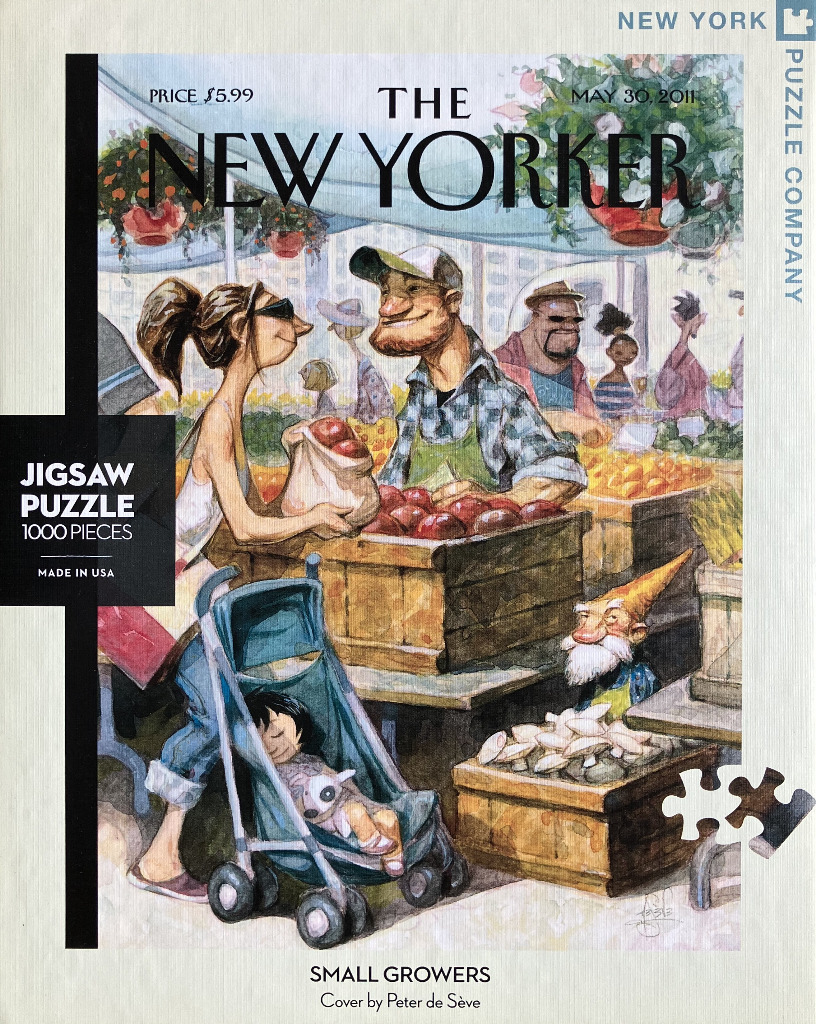 A whimsical watercolor illustration of a farmers market scene featuring a customer, a vendor, a baby, and a garden gnome.