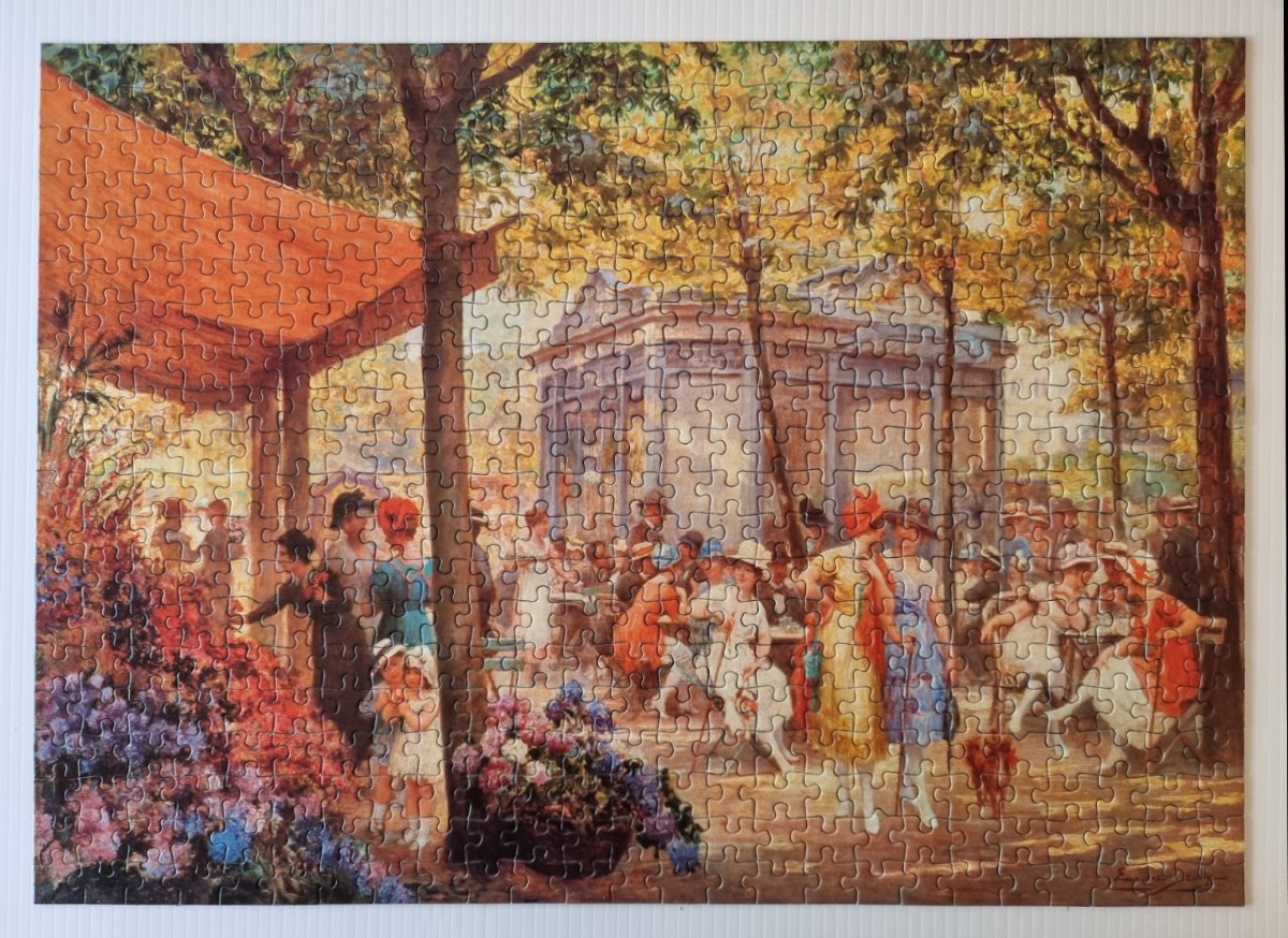 Impressionist-style painting of a bustling outdoor flower market in a park setting.