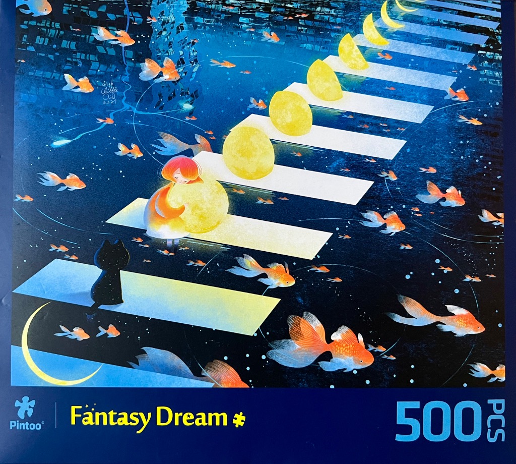 Illustration of a girl and a cat on a glowing crosswalk with floating goldfish in a dark blue starry space.
