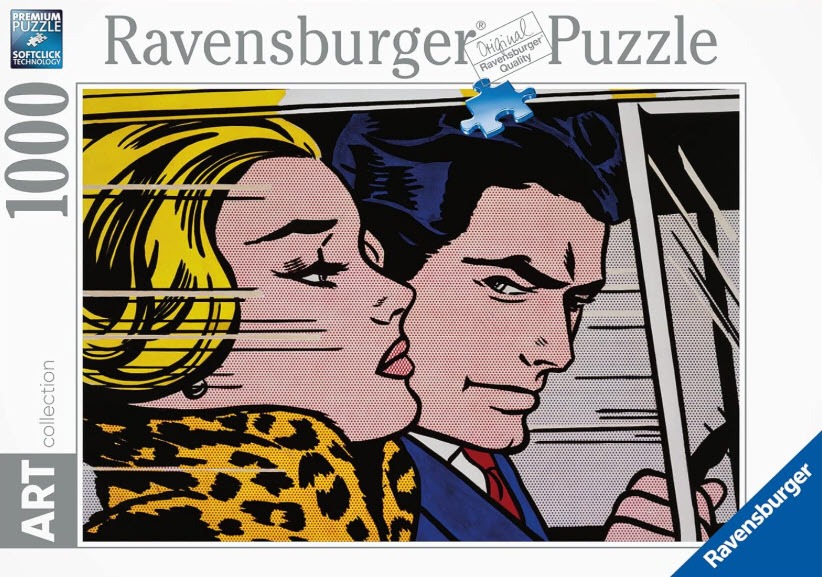 Pop art illustration of a man driving a car with a woman sitting close to him, both in a comic book style.