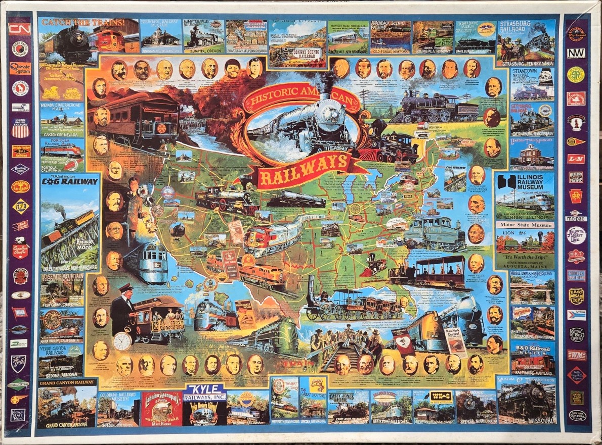 A montage map of the United States featuring historic steam and diesel trains, railways, and notable figures.