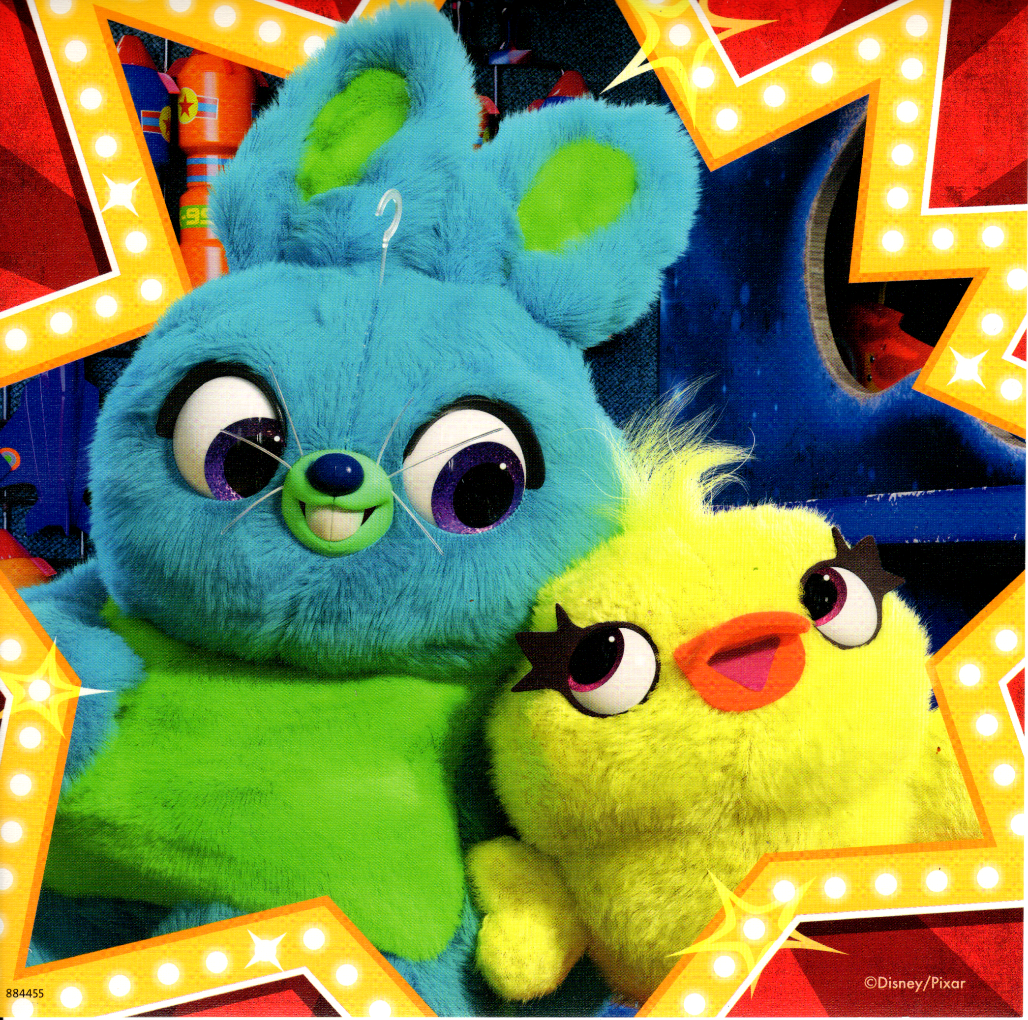 A fuzzy blue bunny and a yellow chick smiling at each other within a star-shaped marquee frame.