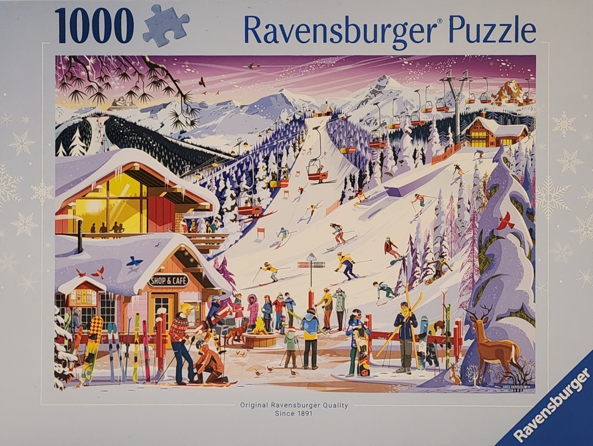 A whimsical illustration of a busy, snow-covered mountain ski resort with skiers and a cozy cafe.
