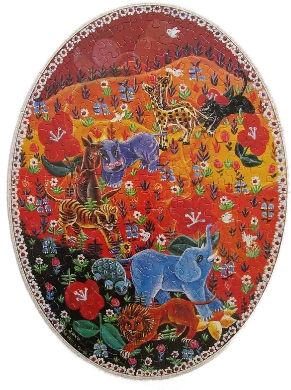 An oval folk-art illustration featuring a stylized menagerie of colorful animals among vibrant red, orange, and gold flora.