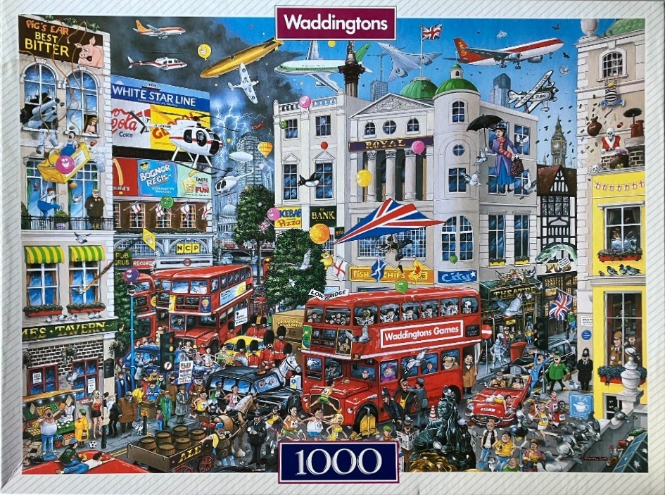 Busy, whimsical cartoon illustration of a bustling London street scene filled with red buses, aircraft, and iconic buildings.