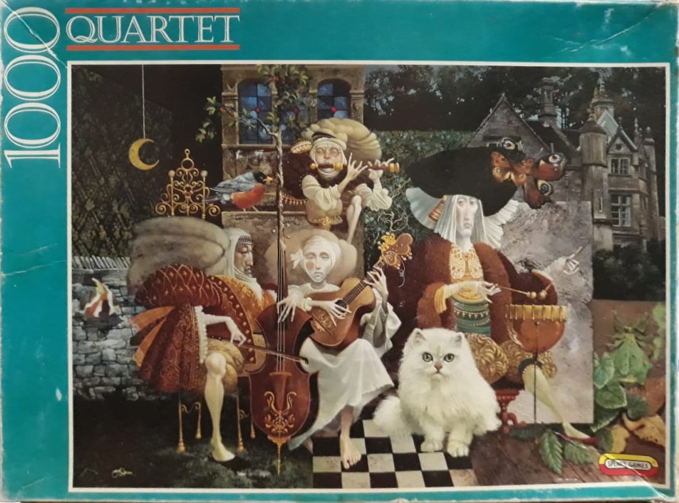 Surrealist oil painting of four whimsical figures playing musical instruments outdoors with a white cat.