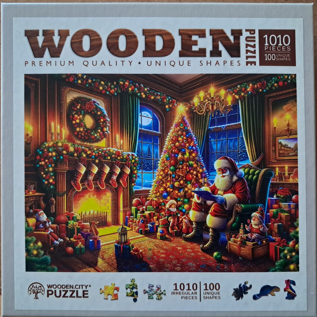 A cozy, illustrated Christmas scene featuring Santa Claus sitting in a chair in front of a decorated tree and fireplace.