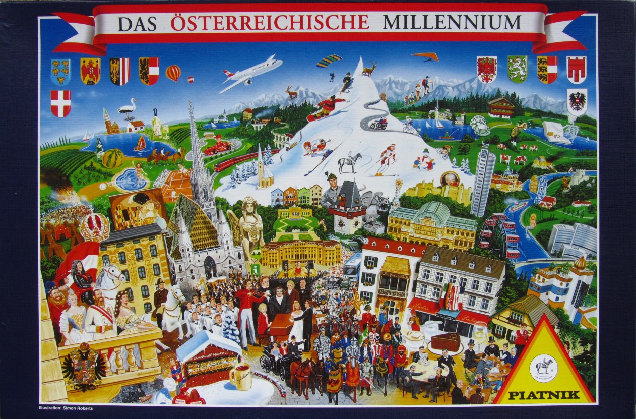 Illustration of Austrian landmarks and culture featuring a central snow-capped mountain, historic architecture, and people.