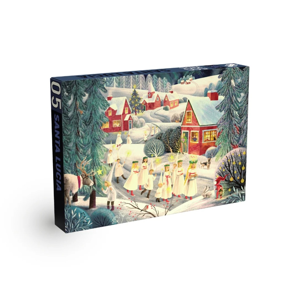 Illustration of a Saint Lucia procession in a snowy Scandinavian village at twilight.