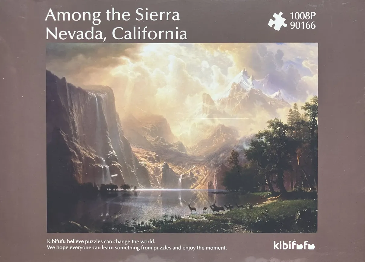 Painting of a grand Sierra Nevada mountain landscape with a lake, waterfalls, and deer in the foreground.