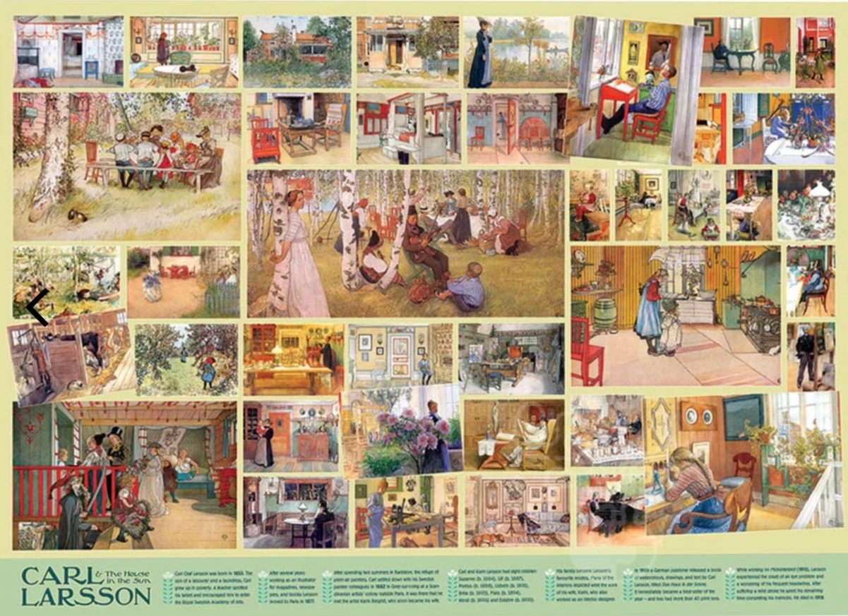 A collage of multiple vintage watercolor-style paintings depicting domestic life and pastoral Swedish scenes.