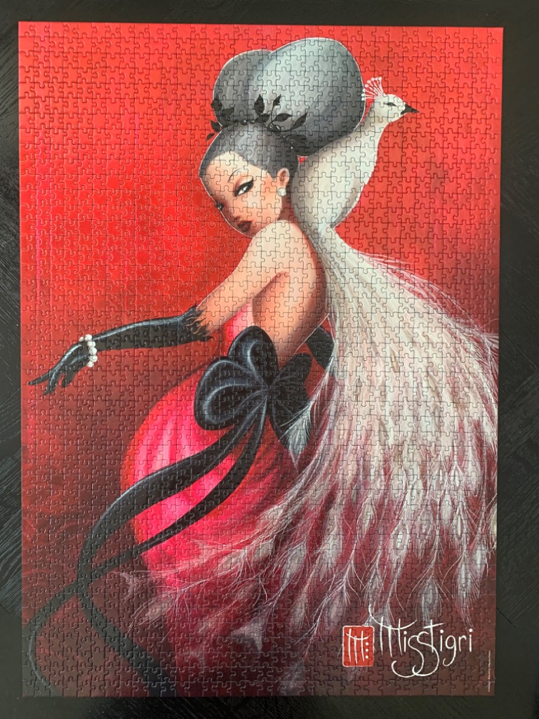Stylized illustration of a woman in an elegant red gown adorned with a large white peacock, set against a red background.