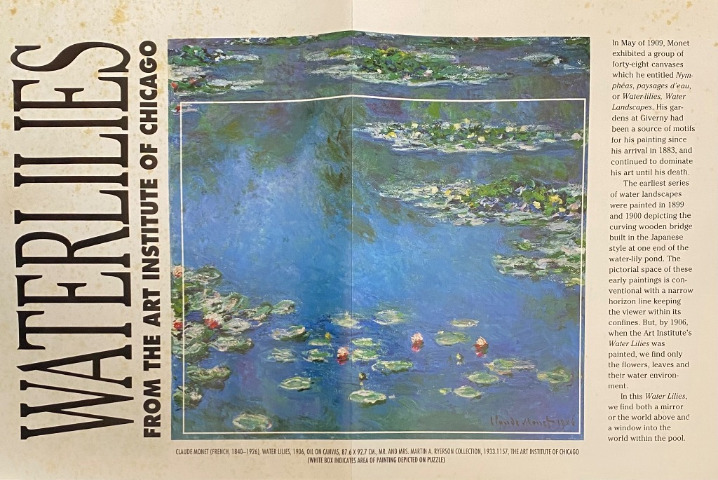 An impressionist painting of water lilies on a pond, framed by text and historical information.