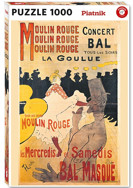 A vintage poster of the Moulin Rouge featuring a woman dancing in front of a silhouetted crowd.
