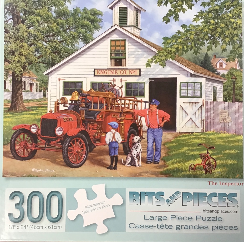 A nostalgic painting of a fire station with a vintage fire truck, a firefighter, a child, and a dalmatian.