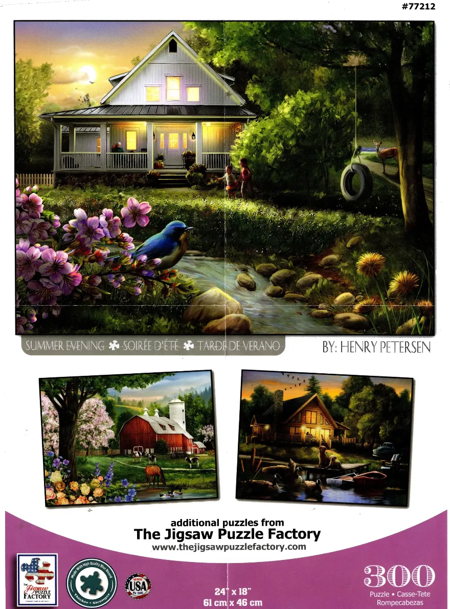 A peaceful country home at sunset with a stream, bluebird, and children playing in the yard.
