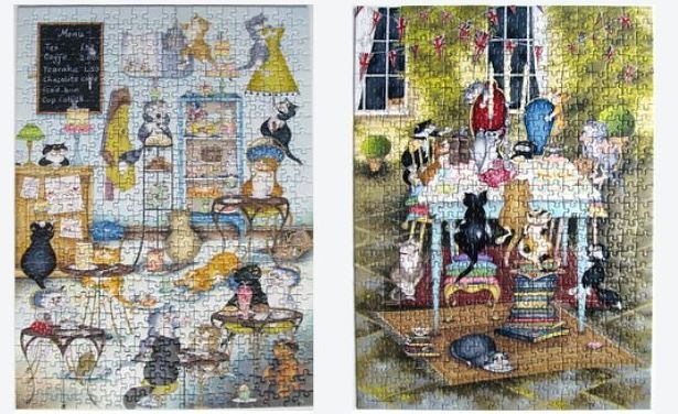 Two whimsical illustrations side-by-side featuring groups of cats in charming tea room and garden party settings.