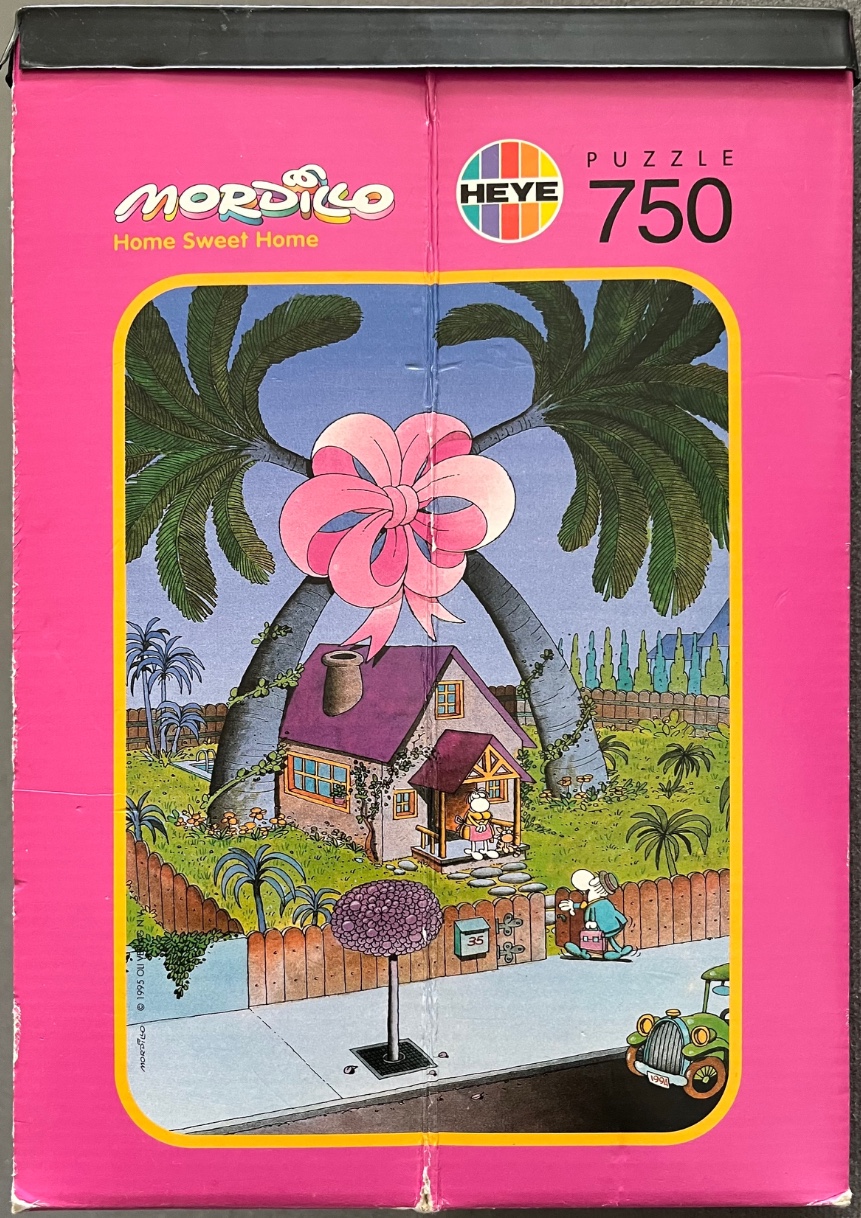 Cartoon illustration of a house with two palm trees tied together with a giant pink bow.