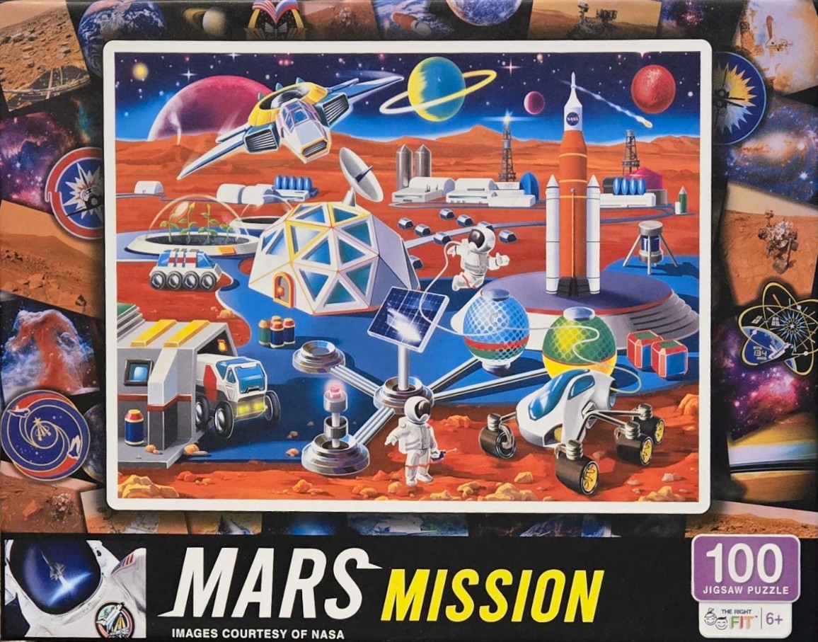 An illustrated scene of a futuristic human colony on the surface of Mars with rockets, rovers, and astronauts.