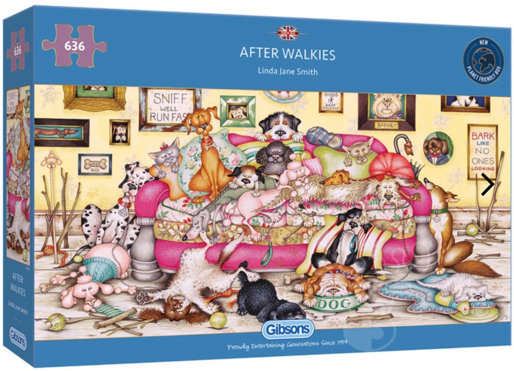A whimsical illustration of many tired dogs sprawled out sleeping on and around a pink sofa.